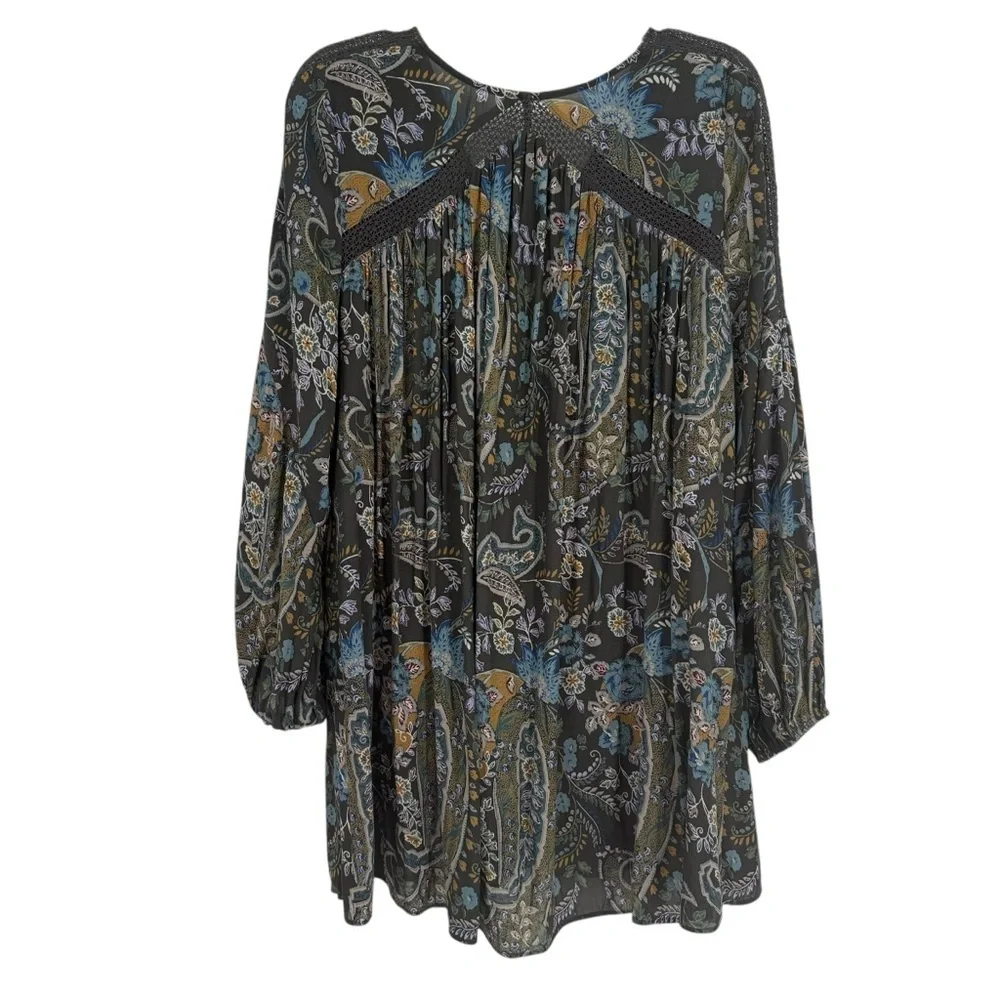 Free People Rain or Shine Dress S Paisley Floral Lace Up Tunic Gray Long Sleeve